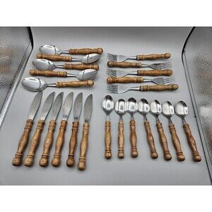 Vintage Wood Handled Stainless Taiwan Flatware Set Of 23 Log Cabin Cottage Core
